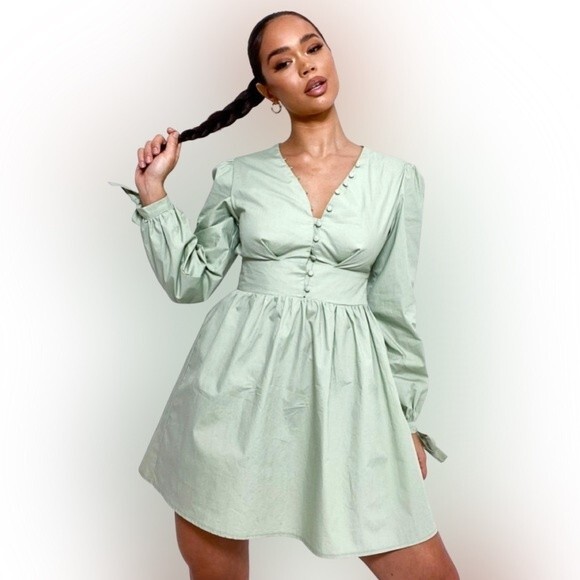 Missguided Sage Green Poplin Button Front Tie Cuff Mini Dress size 2 - Picture 3 of 6